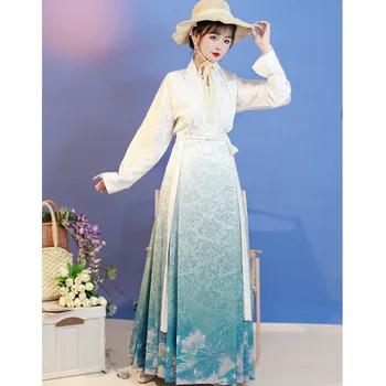 Жени Оригинален китайски династия Минг Ханфу конско лице плисирана пола блуза 2 парчета комплект дама традиционен изпълнение танцов костюм
