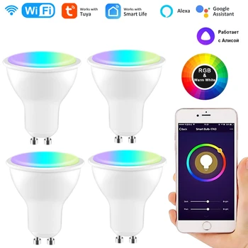 TUYA Wifi Smart Bulb GU10 Spotlight RGB + CCT 100-240V 4W Димируема LED лампа крушка, интелигентно приложение за живот Alexa Google Home Yandex Алис