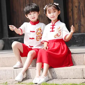 2 броя / комплект Детски костюм Тан Дракон червен Топ панталони Момчета Момичета 2024 Нова година Китайски ханфу костюм Ежедневно облекло
