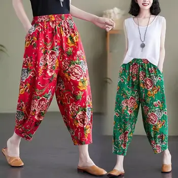 етнически стил случайни жени лято североизток големи цветни панталони артистични хлабав памук бельо отпечатани тънки изрязване харем панталони 29 Май, 2017