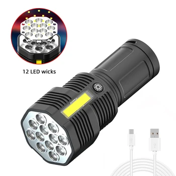 висока мощност 12 светодиода фенерче USB акумулаторна мощна LED фенерче супер ярка водоустойчива ръка фенерче COB къмпинг светлина