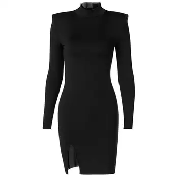 Жените пролет есен дълъг ръкав Bodycon замърсен цвят черен тънък пакет хип мини рокля женско облекло улично облекло