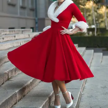 2023 Коледна рокля жени кошмар преди Коледа секси костюм дълъг ръкав плюшени топли качулка Нова година парти плисирани рокли