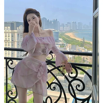 2023 Летни дамски дрехи романтичен ретро розов шифон риза отгоре с боядисани рамото висока талия половин пола две части комплект
