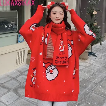 Нова есен зима жени хлабав трикотажен пуловер пуловер японски сладък карикатура снежен човек червен коледен пуловер с шал