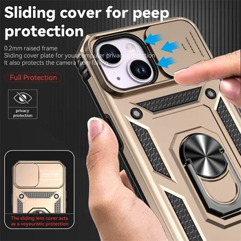 За Iphone 15 14 Plus 13 Pro 12 11 Pro Max X XS XS Max XR Case Slide Window Lens Protect Armor Magnetic Holder Ring Phone Shell