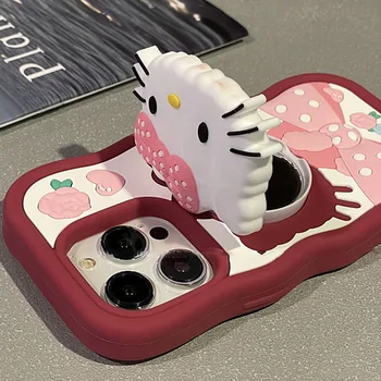 Sanrio Hello Kitty IPhone случай Kawaii карикатура огледала стойка IPhone 15promax 14 13 силикагел 12 11 мек телефон случай играчка момиче подарък