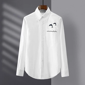 риза пролет autunm мода марка мъжка риза риба опашка на джоба дизайн случайни памук Оксфорд тънък едро риза мъжки