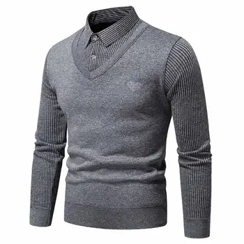 Мъжки пуловер мъжки есенен зимен пуловер пуловер с фалшив дизайн от две части дълъг ръкав ревера бутони тънък за бизнес
