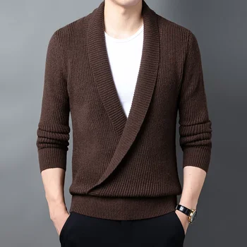 Качествен винтидж пуловер с V-образно деколте Мъже 2023 Есен/Зима Топли плетени пуловери Ежедневни хлабави твърди пуловери с дълъг ръкав Улично облекло