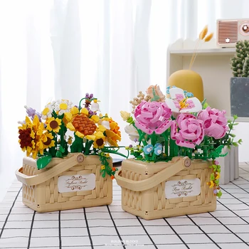 Слънчогледова кошница Мини градивен блок Растения Вечно цвете 3D LED парфюм Модел Микро тухли Играчки Роза за декорация на дома