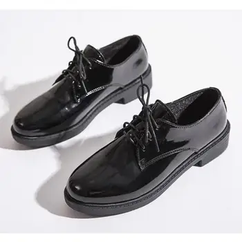 Черни кожени обувки Жена дантела нагоре Оксфорд обувки за жени Brogue обувки дамски обувки ниски токчета платформа обувки плюс размер апартаменти