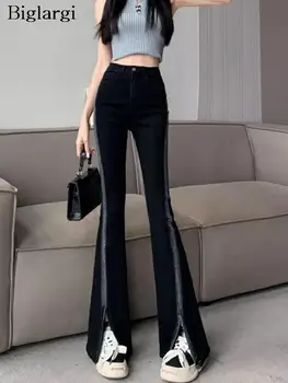 Autumn Long Flared Pant Women Slim Split Fashion High Waist Ladies Bell-bottom Trousers Print Korean Black Woman Pants 2023