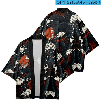 Cartoon Dragon Print Японски кимоно Streetwear Мъже Жени Жилетка Haori Harajuku Традиционен плаж Yukata Cosplay облекло