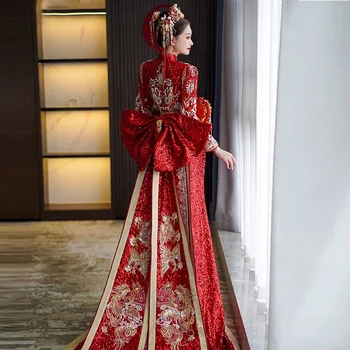 Лятна рокля Xiuhe Червена женска контраст Благородна сватба Pearl Fringe Toast Bride Китайска традиционна сватбена рокля Tang Suit Hanfu