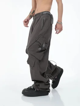 HOUZHOU Американски улични карго панталони Мъже Хип-хоп Широки панталони за крака Мъжки товар Y2K Плисирани свободни ежедневни мъжки дизайнерски дрехи