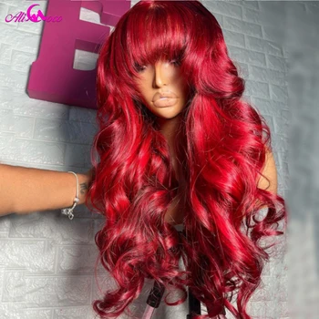 13x4 червена перука за човешка коса с бретон дантела отпред перука за жени тяло вълна човешка коса дантела фронт перука 5x5 дантела затваряне перука за жени