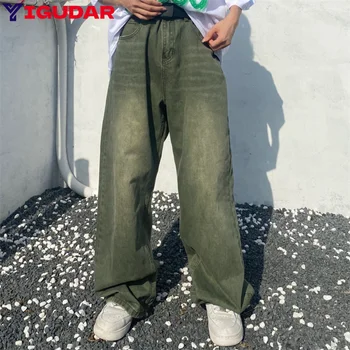 Green Jeans Baggy Vintage Denim Trousers Male Wide Leg Pants Men Streetwear Retro Casual Hip Hop cargo pants men rippped jeans