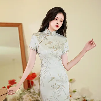 Плюс размер класически елегнат дама Qipao секси тънък сплит Cheongsam лято къс ръкав печат традиционна китайска рокля Vestidos