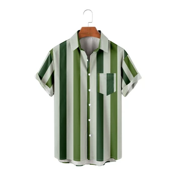 Ежедневни ризи за мъже зелени ивици дизайн печат върховете зелен къс ръкав летен плаж ваканция риза дишаща