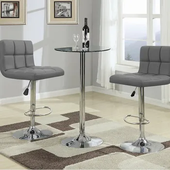 Модерен квадратен PU кожен въртящ се регулируем бар стол, комплект от 2, бар стол за кухненски плот, сив