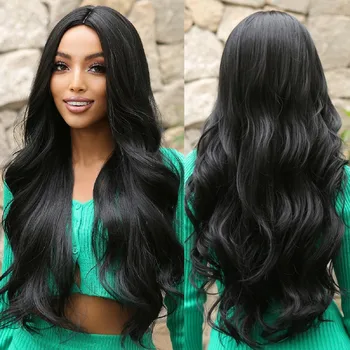 Дълги синтетични черни перуки средна част естествена тъмна вълна перука за коса за жени Daily Party Cosplay топлоустойчиви влакна