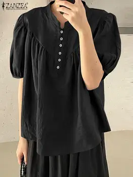 ZANZEA Дамска мода Твърда риза Ежедневна памучна блуза 2023 Лятна реколта стойка яка върховете къс бутер ръкав туника извънгабаритни