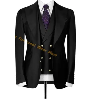 Peaked ревера черен мъжки костюм комплект сватба младоженеца съобразени сайдинг клапа джоб дизайн яке панталони 3бр абитуриентски нетактичност панталони облекло