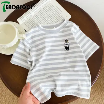 Раирана детска детска лятна къс ръкав раирана бродерия Bear Top Tees Baby Children Casual Comfort Clothing Тениски за малки