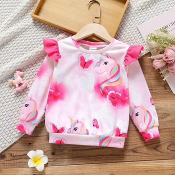 PatPat Малко дете момиче животно еднорог пеперуда печат разрошени розов пуловер пот мек и удобен идеален за излети
