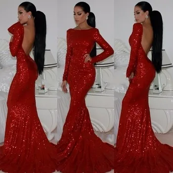 2019 Нова мода блестящо високо деколте пайети русалка червени абитуриентски рокли дълги ръкави секси дълга официална вечерна рокля безплатна доставка