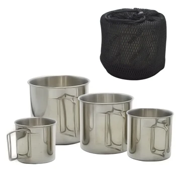 4pcs Къмпинг чаша за вода чаша за кафе със сгъваеми дръжки Комплект чаши от неръждаема стомана за къмпинг на открито Пешеходен туризъм Риболов Backpacking