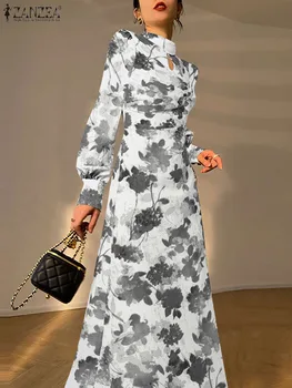 ZANZEA Елегантна дамска рокля с дълъг буфан ръкав 2023 Есенна стойка яка цветен печат Vestidos реколта кухи навън събиране на халат