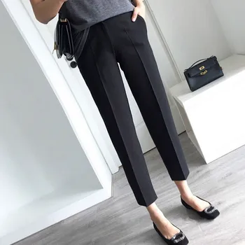 Дамски костюм изрязани панталони за лятото тънък прав крак глезена дължина твърди черен офис дама тънък извънгабаритни ежедневни харем панталони
