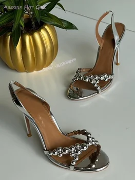 Сребърен огледален кристал топка Stilettos сандали жени сватба отворени токчета злато кръст мъниста черен елегантен луксозни момичета ежедневни обувки
