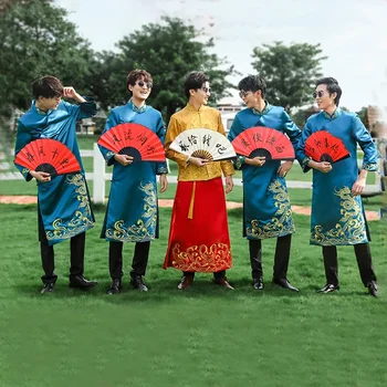 Нов стил Традиционен китайски халат Голям размер Tang костюм мъже роба брат костюм кръст беседа рокля Cheongsam сватбена рокля