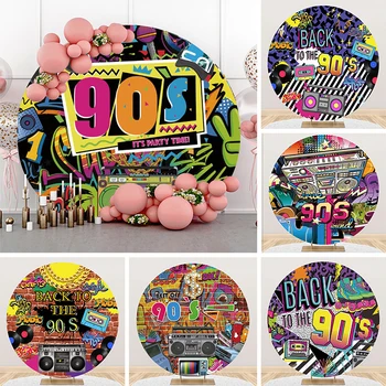 Back to The 90s Backdrop Round Cover 90s Party Decorations Hip Hop Street Art Graffiti Brick Wall Banner Circle Photo Background