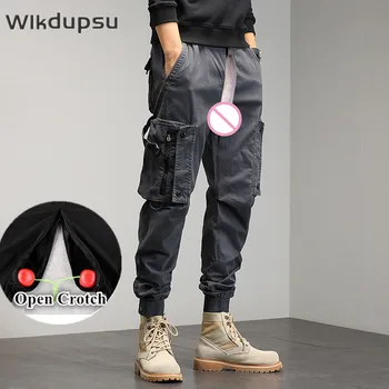Mens Cargo Hip Hop Punk Open Crotch Pants Casual Zippers Joggers Street Tactical Military Male Outdoor Sexy Trousers Plus Size