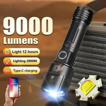 9000Lumens Висока мощност LED фенерче USB акумулаторна факелна светлина Тактически фенер 5 режима Далечни разстояния Zoom фенери Лов