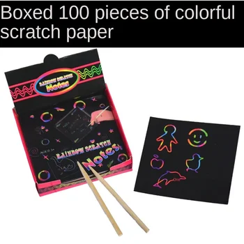 100pcs цветни драскотини изкуство дъга мини бележки с дървен стилус - перфектен DIY парти подаръци за деца Ученици от детската градина