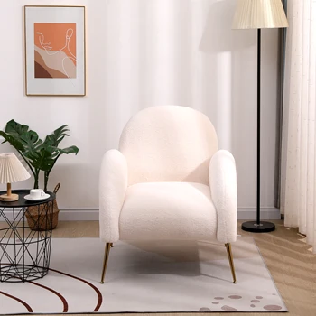 Акцент тапициран единичен стол бял шерпа фотьойл със златни крака за хол, спалня, офис