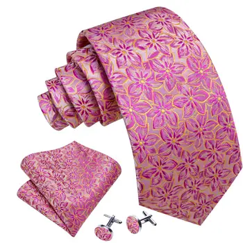 Елегантен червен розов цветен копринен мъжки вратовръзка Hanky копчета за ръкавели комплект жакард цвете вратовръзка за мъжки сватба бизнес парти Barry.Wang
