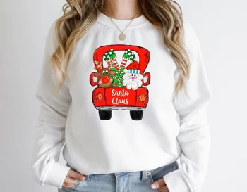 Дядо Коледа Коледа Коледа Суитчър Fun Коледа червен камион пуловер отгоре сладък Y2k смешно Kawaii дамски Crewneck дрехи