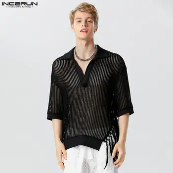 Casual мода стил върховете INCERUN нови мъже кухи микро прозрачен пискюл риза стилен масивен ревера къс ръкав блуза S-5XL
