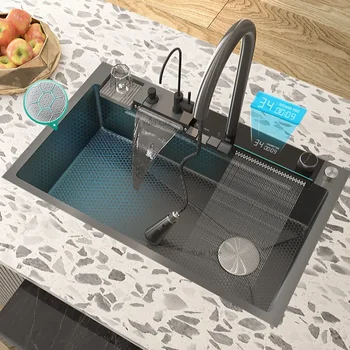 Двойна мивка за водопад Кухненска мивка от неръждаема стомана Релефна голяма единична слот цифров дисплей мивка за кухня