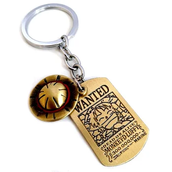 Аниме Едно парче Luffy сламена шапка Ключодържател Ключодържател Двоен етикет квадратна буква WANTED висулка кола ключ за фенове подарък фигура косплей