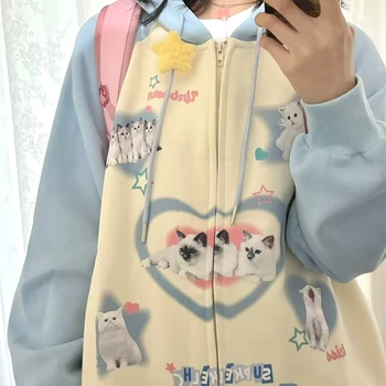 American Sky Blue памучен цип сива врана якета коте котки сладък Y2K печат суитчър палто хлабав извънгабаритни корейски Kawaii дрехи