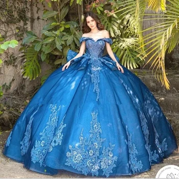 Royal Blue Charro Quinceanera рокли топка рокля от рамото тюл апликации подпухнали мексикански сладки 16 рокли 15 Anos