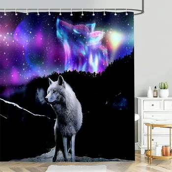 Wolf Animal душ завеса под мечтаното звездно небе, висока разделителна способност полиестерен печат Blockout водоустойчива завеса за баня