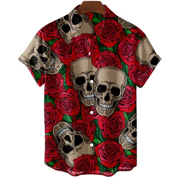 Мъже ревера череп отпечатани хавайски риза хлабав 5xl 3d череп печат ризи мъжка мода дишаща лято къс ръкав бутон риза